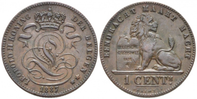 БЕЛЬГИЯ 1 САНТИМ 1887 BELGEN KM 34.1 медь 105-922