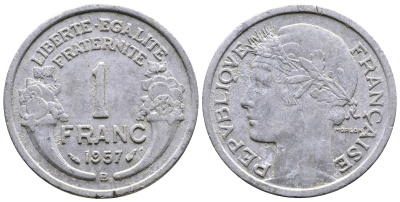 ФРАНЦИЯ 1 ФРАНК 1957 В KM 885а.2 алюминий 51-3841