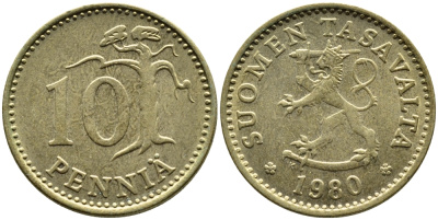 ФИНЛЯНДИЯ 10 ПЕННИ 1980 К KM 46 алюминиевая бронза 4391-1121