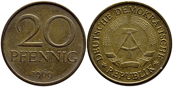 ГДР 20 пфеннигов 1969 А, первый год KM 11 латунь UNC 4398-535