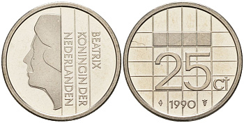 Нидерланды 25 центов 1990 Беатрикс (1980-2013) KM 204 никель UNC 4588-916