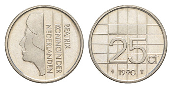 Нидерланды 25 центов 1990 Беатрикс (1980-2013) KM 204 никель UNC 4630-1116