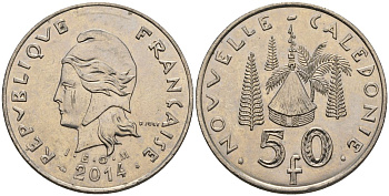 Французская Новая Каледония 50 франков 2014 хижина среди сосен и пальм, (IEOM) KM 13a, Schoen 15a, Lec 128i медно-никель 4111-1124