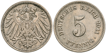 Германия 5 пфеннигов 1911 A KM 11, J. 12, Weege 6 медно-никель 4608-943