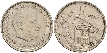 Испания 5 песет 1957 (74) Франсиско Франко (1939 - 1975) KM 786 медно-никель 4155-613