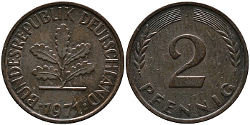 ФРГ 2 пфеннига 1971 J KM 106а, J.381а сталь плакированная медью 99-213