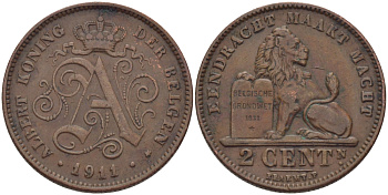 БЕЛЬГИЯ 2 САНТИМА 1911 BELGEN KM 65 медь 28-233