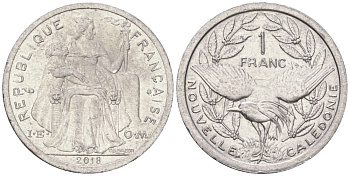 Французская Новая Каледония 1 франк 2018 птица кагу, (IEOM) KM 10, Schoen 10 алюминий 54-1431