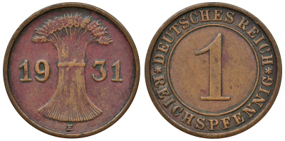 Германия 1 рейхспфенниг 1931 E KM 37, J. 313 бронза 4124-123