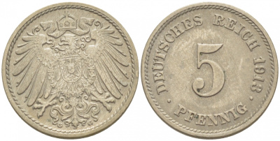 ГЕРМАНИЯ 5 ПФЕННИГОВ 1913 G, KM 11, J. 12 медно-никель 3996-1127