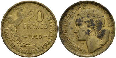 Франция 20 франков 1950 B, петух KM 917.1 алюминиевая бронза 4150-845