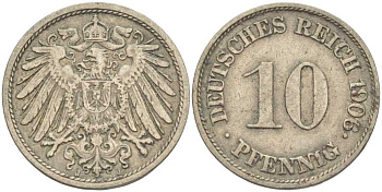 ГЕРМАНИЯ 10 ПФЕННИГОВ 1906 J KM 12, J. 13 медно-никель 34-852