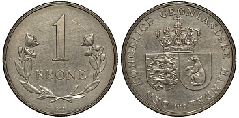 Гренландия 1 крона 1960 КМ 10а медно-никель 1527-532