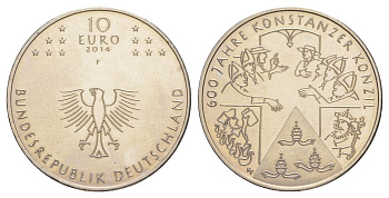 Германия 10 евро 2014 F, 600 лет Констанцскому собору KM 331 медно-никель BU 1520-241