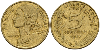 Франция 5 сантимов 1987 KM 933 алюминиевая бронза 4154-1063