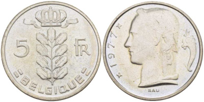 БЕЛЬГИЯ 5 ФРАНКОВ 1977 BELGIQUE, БОДУЭН I (1951-1993) KM 134.1 медно-никель 4110-837