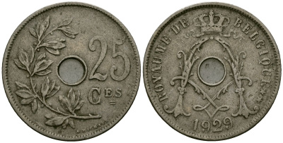Бельгия 25 сантимов 1929 Belgique KM 68 медно-никель 4165-625