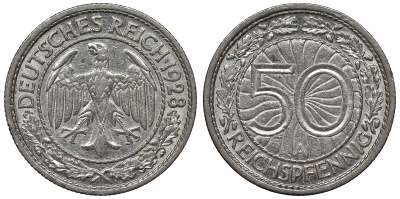 Германия 50 рейхспфеннигов 1928 A KM 49, J. 324 никель 4121-814