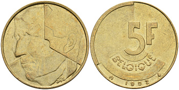 Бельгия 5 франков 1992 Belgique KM 163 алюминиевая бронза 4126-243