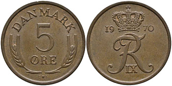 ДАНИЯ 5 ЭРЕ 1970 C; S, ФРЕДЕРИК IX (1947-1972) KM 848.1 бронза 175-714