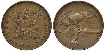 ЮАР 2 цента 1981 герб, антилопа гну KM 83 бронза 4122-255
