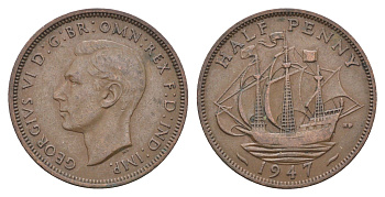 Великобритания 1/2 пенни 1947 Георг VI (1936-1952) KM 844, Spink 4115 бронза 4662-1117