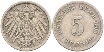 ГЕРМАНИЯ 5 ПФЕННИГОВ 1905 A, KM 11, J. 12 медно-никель 73-1756
