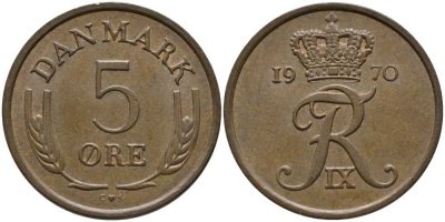 ДАНИЯ 5 ЭРЕ 1970 C; S, ФРЕДЕРИК IX (1947-1972) KM 848.1 бронза 175-714