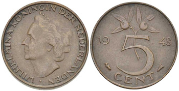 НИДЕРЛАНДЫ 5 ЦЕНТОВ 1948 ВИЛЬГЕЛЬМИНА (1890-1948) KM 176 бронза 212-1021