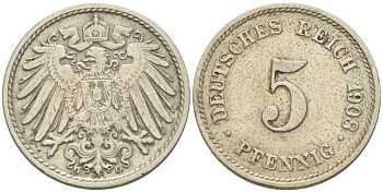Германия 5 пфеннигов 1908 G KM 11, Jager 12, Weege 6 медно-никель 206-955