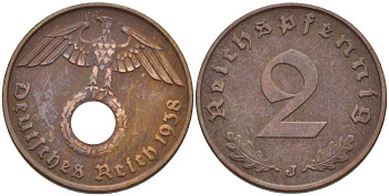 ГЕРМАНИЯ 2 РЕЙХСПФЕННИГА 1938 J KM 90, J. 362 бронза 261-931
