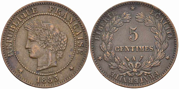 ФРАНЦИЯ 5 САНТИМОВ 1885 А, ТРЕТЬЯ РЕСПУБЛИКА (1871-1940) KM 821.1, LE FRANC 118.28 бронза 108-613