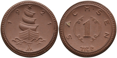 Саксония 1 марка 1921 парусник J. N 55 фарфор 1094-4-83