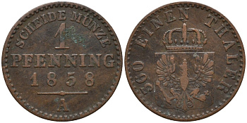 Пруссия 1 пфенниг 1858 A, Фридрих Вильгельм IV (1840-1861) KM 451 медь 4532-324