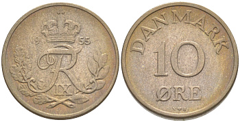 ДАНИЯ 10 ЭРЕ 1955 N; S, ФРЕДЕРИК IX (1947-1972) KM 841.1 медно-никель aUNC 187-635