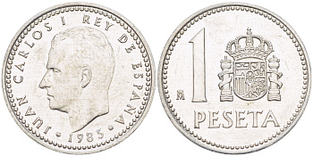 Испания 1 песета 1985 M, Хуан Карлос I (1975-2014) KM 821 алюминий 216-427