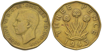 Великобритания 3 пенса 1943 Георг VI (1936-1952) KM 849, Spink 4112 никель латунь 60-1315