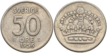Швеция 50 эре 1956 TS, Густав VI Адольф (1950-1973) KM 825 серебро 4148-937