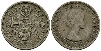 Великобритания 6 пенсов 1960 Елизавета II (1952-2022) KM 903, Spink 4149 медно-никель 4174-216