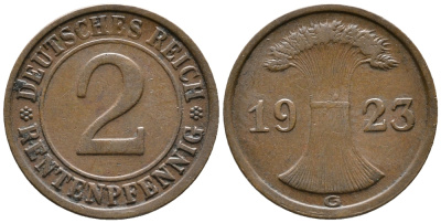 ГЕРМАНИЯ 2 РЕНТЕНПФЕННИГА 1923 G KM 31, J. 307 бронза 24-355