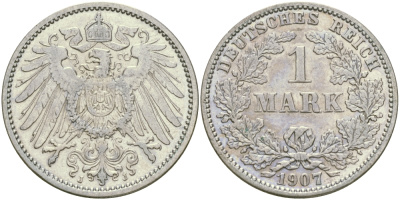 Германия 1 марка 1907 J Weege 18, J. 17, KM 14 серебро aUNC 413-5812