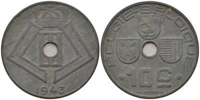 Бельгия 10 сантимов 1943 Belgie - Belgique, Леопольд III (1934-1947), германская оккупация, Вторая мировая война KM 126 цинк 4161-336