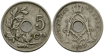 Бельгия 5 сантимов 1925 Belgie KM 67 медно-никель 4173-313