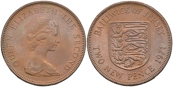 ДЖЕРСИ 2 ПЕНСА 1971 ГЕРБ ЕЛИЗАВЕТА II KM 31 бронза 4591-727