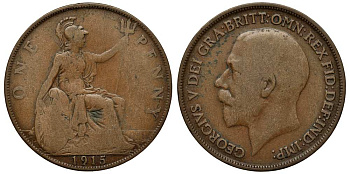 Великобритания 1 пенни 1915 Георг V (1910-1936) KM 810, Spink 4051 бронза 1518-145