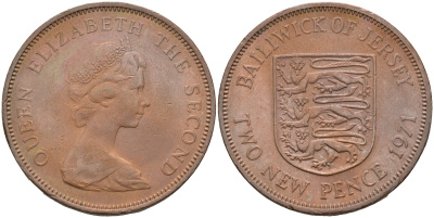 ДЖЕРСИ 2 ПЕНСА 1971 ГЕРБ ЕЛИЗАВЕТА II KM 31 бронза 4591-727