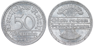 Германия 50 пфеннигов 1922 A KM 27, J. 301 алюминий aUNC 4114-1151