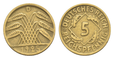 Германия 5 рейхспфеннигов 1925 D KM 39, J. 316 алюминиевая бронза 4644-1134