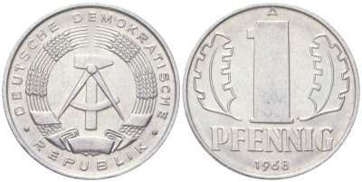 ГДР 1 пфенниг 1968 A KM 8.1 алюминий 4613-929