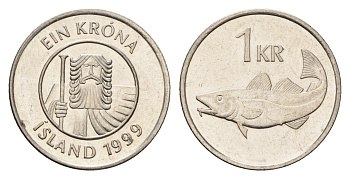 Исландия 1 крона 1999 треска KM 27a сталь плакированная никелем UNC 4687-852